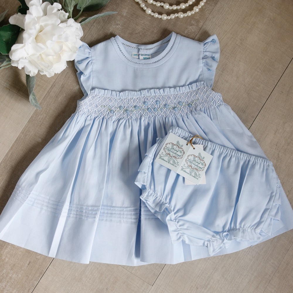 Girls Dress Blue Smocked Ruffled Diaper Cover Size 3 Months Feltman Brothers NWT